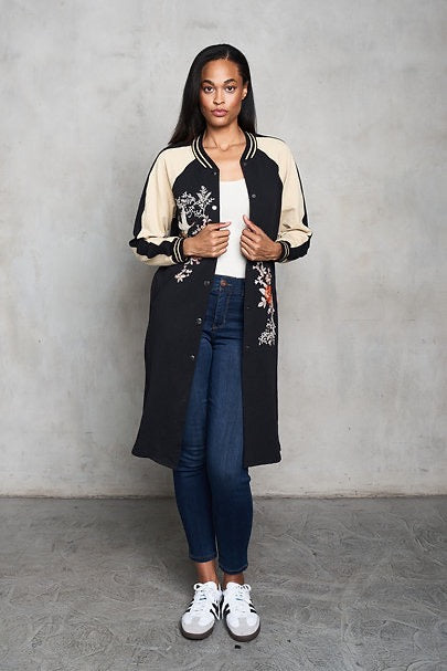 French Terry Embroidered Long Bomber Jacket