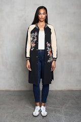 French Terry Embroidered Long Bomber Jacket