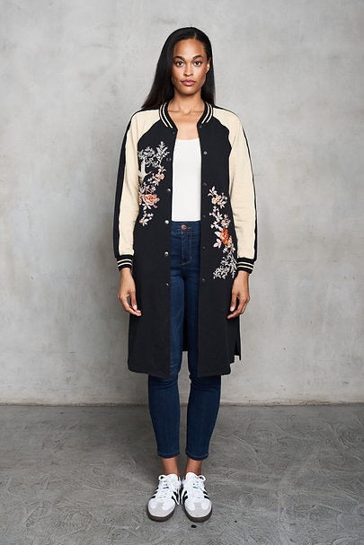French Terry Embroidered Long Bomber Jacket