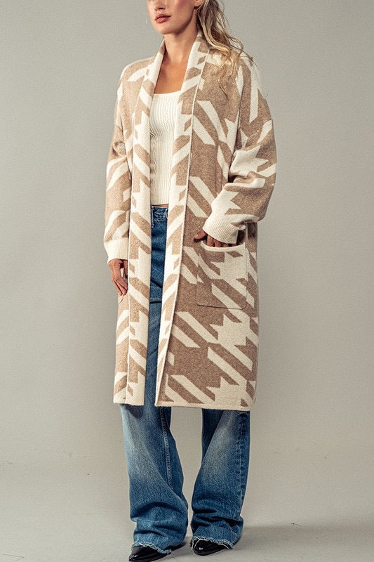 Exaggerated Houndstooth Open Front Knit Cardigan