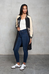 French Terry Embroidered Long Bomber Jacket