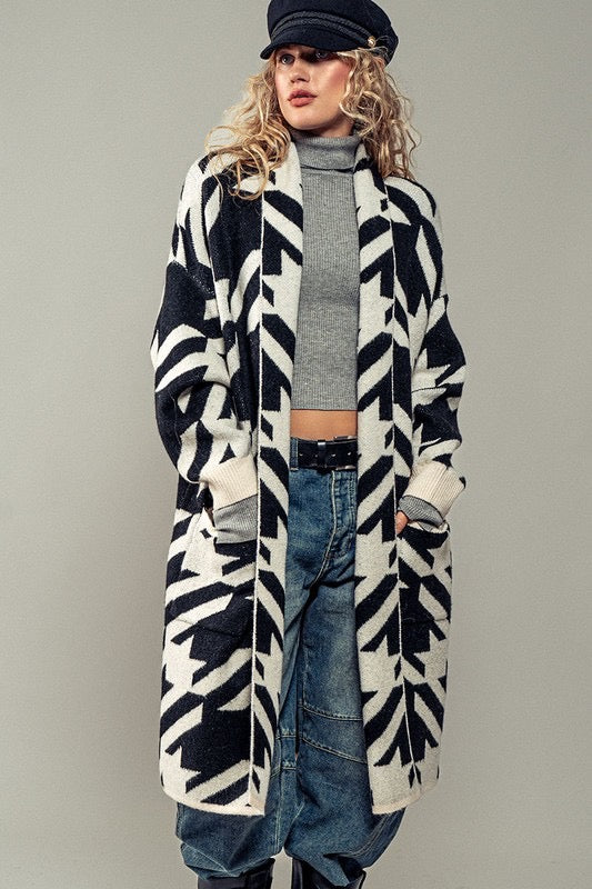 Exaggerated Houndstooth Open Front Knit Cardigan