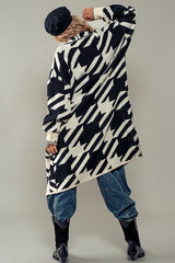 Exaggerated Houndstooth Open Front Knit Cardigan
