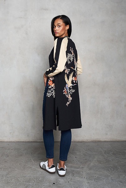 French Terry Embroidered Long Bomber Jacket