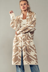 Exaggerated Houndstooth Open Front Knit Cardigan