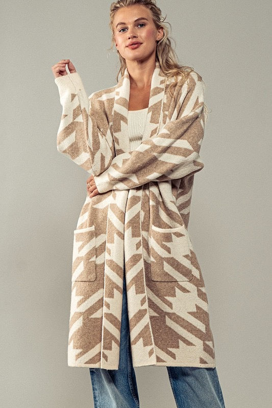 Exaggerated Houndstooth Open Front Knit Cardigan