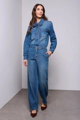 BLUE THREAD SELF-TIE BOW BUTTON FRONT DENIM BLOUSE