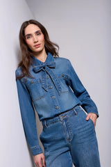 BLUE THREAD SELF-TIE BOW BUTTON FRONT DENIM BLOUSE