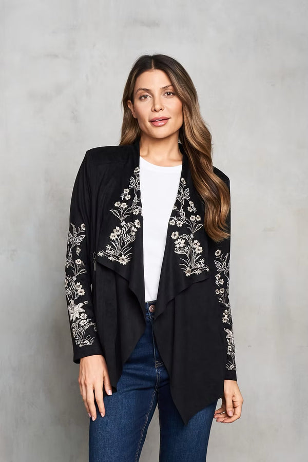 Faux Suede Embroidered Open Front Short Jacket