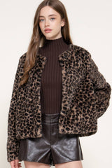 Long Sleeve Round Neck Printed Faux Fur Jacket: TPE-taupe/black / L