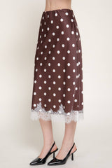 Mid Rise lace Trim Dot Print Satin Midi Skirt: BRN-brown/white / S