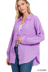 `Oversized Raw Edge Shirt W/ Back Patch Zenana: LT GREY-153903 / S