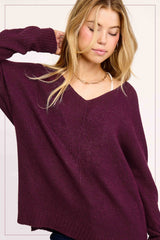 JLS3504-Soft Lightweight Loose Fit Textured Pullover Sweater: Plum / M