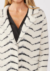Fuzzy Chevron Jacquard Button Front Cardigan: Cream/Black / L