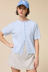 Short Sleeve Button Down Cardigan Top: Green Tea / S