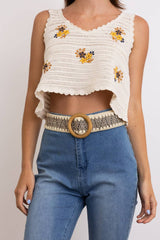 Whipstitch Raffia Belt with Wooden Round Buckle: Black/Ivory/Brown