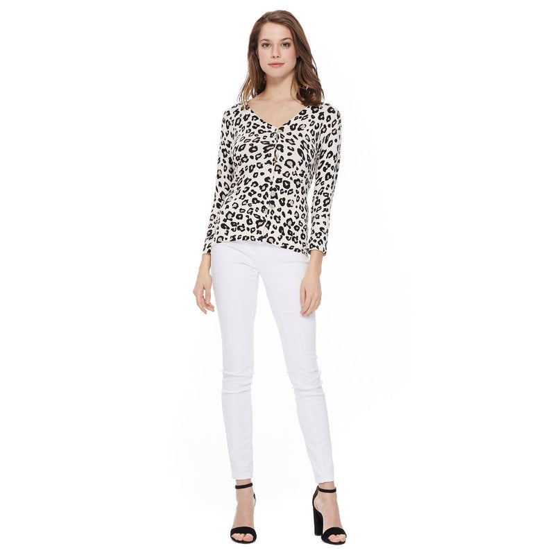 Leopard 3/4 Sleeve V-Neck Buttoned Sweater Cardigan CO078LEO: IVORY/GREY / M