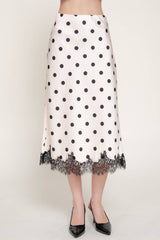 Mid Rise lace Trim Dot Print Satin Midi Skirt: BRN-brown/white / L
