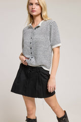 Striped Short Sleeve Button Cardigan: Black / L