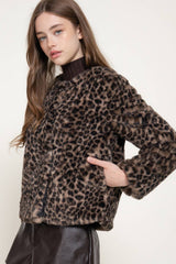 Long Sleeve Round Neck Printed Faux Fur Jacket: TPE-taupe/black / M
