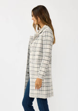 Plaid Notched Collar Button Front Cardigan: Cream/Black / L