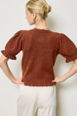 Puff Sleeve Ruffle Hem Knit Cardigan: Rust Brown / S