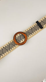 Whipstitch Raffia Belt with Wooden Round Buckle: Black/Ivory/Brown