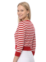 3/4 Sleeve Crewneck Striped Sweater Cardigan MK3521: RED/IVORY / M