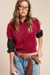 Fuzzy Knit Cropped Short Sleeve Sweater: Wine / M