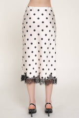 Mid Rise lace Trim Dot Print Satin Midi Skirt: BRN-brown/white / L