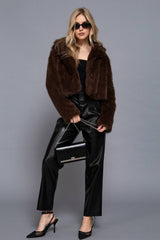 Long Sleeve Notched Collar Faux Fur Cropped Jacket: PNK-mauve / L