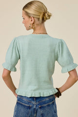 Puff Sleeve Ruffle Hem Knit Cardigan: Rust Brown / M