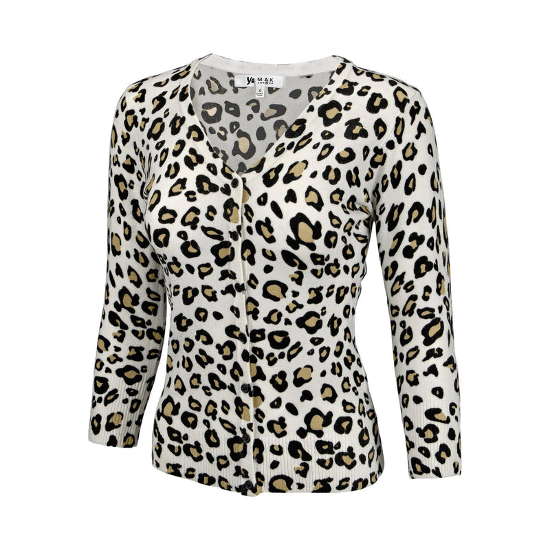 Leopard 3/4 Sleeve V-Neck Buttoned Sweater Cardigan CO078LEO: IVORY/GREY / XL