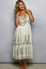 V-neck Sleeveless Smocked Band Ruffle Woven Dress