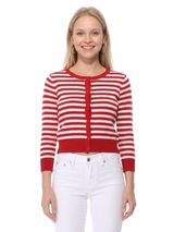 3/4 Sleeve Crewneck Striped Sweater Cardigan MK3521: RED/IVORY / L