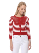 3/4 Sleeve Crewneck Striped Sweater Cardigan MK3521: RED/IVORY / L