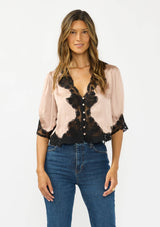 V-Neck Button Front Blouse with Lace Trim: BLACK/ BLACK / S