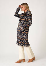 Bohemian Chevron Button Front Knit Cardigan: Navy/Camel / L