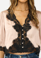 V-Neck Button Front Blouse with Lace Trim: BLACK/ BLACK / S