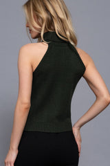 Sleeveless Turtle Neck Front Cable Sweater: BLK-black / L