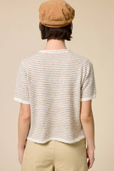 Striped Short Sleeve Button Cardigan: Black / L