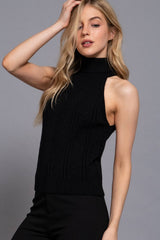 Sleeveless Turtle Neck Front Cable Sweater: BLK-black / M