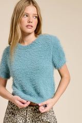 Fuzzy Knit Cropped Short Sleeve Sweater: Seafoam / S