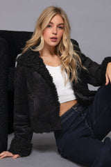 Long Sleeve Inside Fur Detail Penny Lane Suede Short Jacket: IVY-cream / S