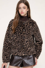 Long Sleeve Round Neck Printed Faux Fur Jacket: TPE-taupe/black / M