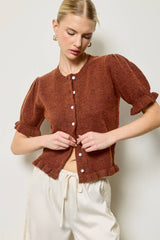 Puff Sleeve Ruffle Hem Knit Cardigan: Rust Brown / L
