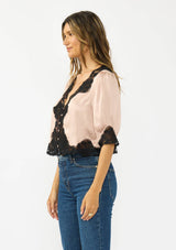 V-Neck Button Front Blouse with Lace Trim: BLACK/ BLACK / M