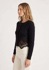 Lace Trim Button Front Cardigan: BLACK / S