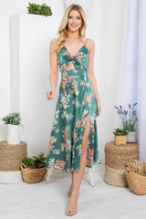 Green Floral Print Dress with thigh side split