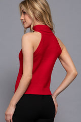 Sleeveless Turtle Neck Front Cable Sweater: BLK-black / M